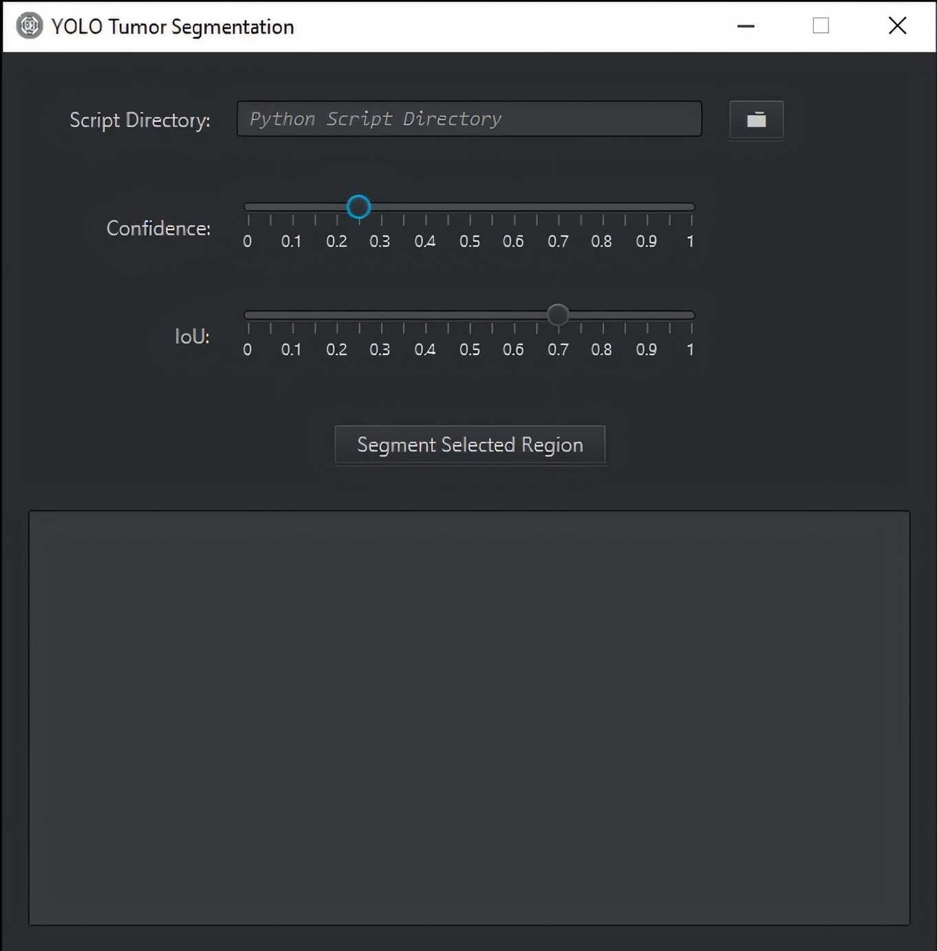 Extension interface. Containing inputs for script directory (which contains script, model and virtual environment), model confidence, model IoU. The outputs are displayed on the text field at the bottom.